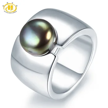 

Natural Black Fresh water Pearl Round 9mm Silver Rings for Women Solid 925 Sterling Silver Band Fine Fashion Jewelry
