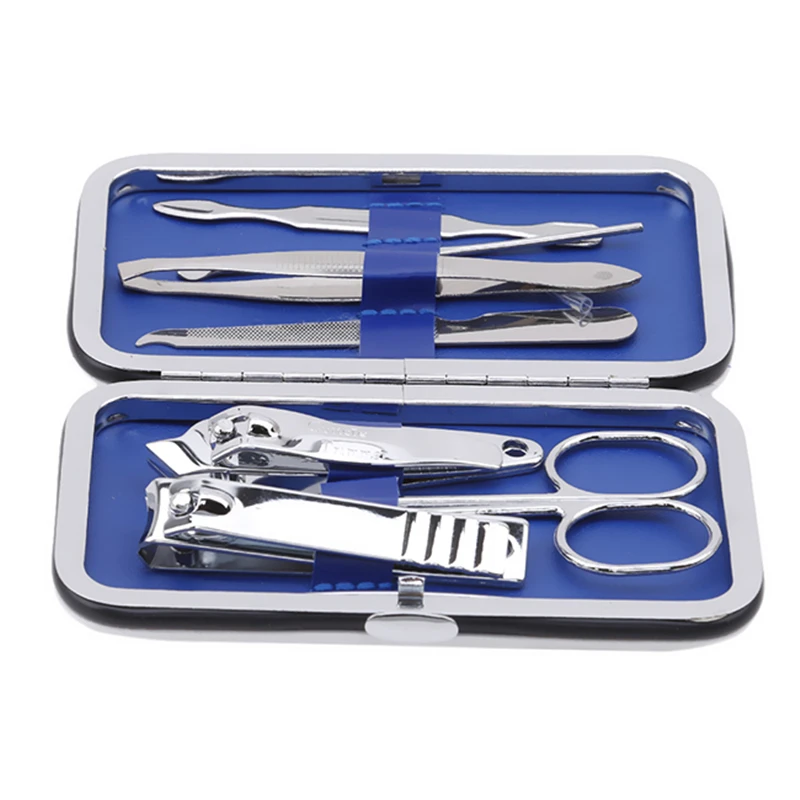 

1 Set Stainless Steel Manicure Set Tools Nail Clippers Kit Pedicure Scissor Tweezer Blue And White Porcelain Case Nail Care Tool