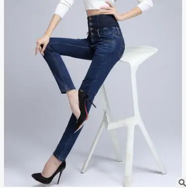 

2018 New Spring Winter Women High Waist Jeans Large Size Slim Pants Female High Stretch Trousers with Button