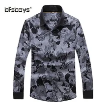 BFSBOYS 2017 Men Dress Eu Size Shirt Full Sleeve Business Printed Florals Shirts Formal Office Brand for Male White Quality