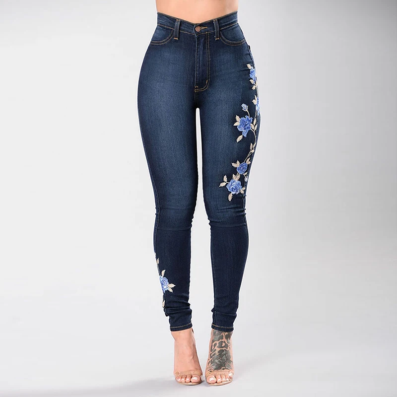 

Women Elastic Blue Flower Jeans Stretch Embroidered Jeans Female Pencil Denim Pants Rose Pattern Pantalon Femme Bottom Trouser