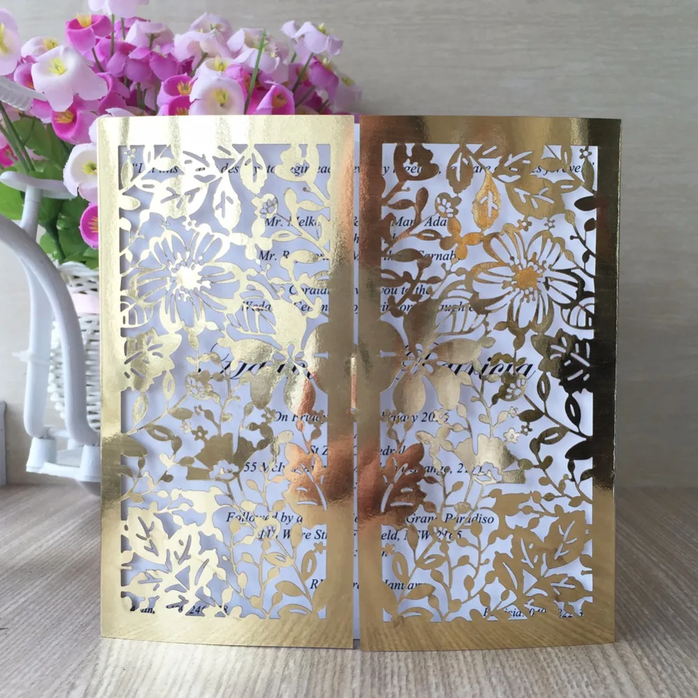 bright gold laser cut vine flower wedding invitations card