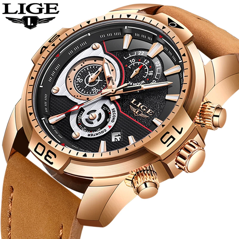 

Mens Watches LIGE New Men Top Brand Luxury Quartz Gold Watch Men Military Leather Waterproof Sport Wristwatch Relogio Masculino