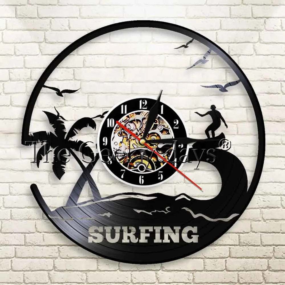 1Piece Surfing LED Light Vinyl Clock Water Sports Theme Decorative Wall Clock Time Clock Modern