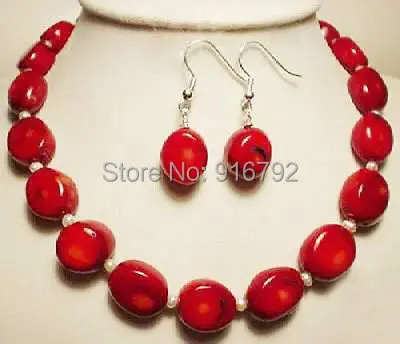 

HYFY20143255e******Jewelry White Akoya Pearl & red coral necklace earrings Set m2