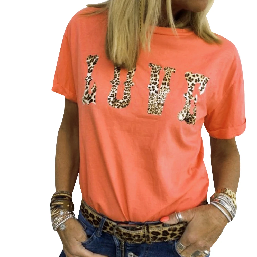 

Tshirt Women Fashion Leopard Letter Print Basic Tops Summer Casual Short Sleeve Shirt Streetwear poleras mujer Plus Size H30