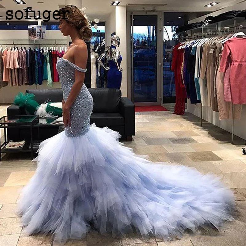 

luxury Sparkle Mermaid Evening Dresses Ruffles Beaded Prom Gowns Off The Shoulder Plus Size Formal Dress Robe De Soiree