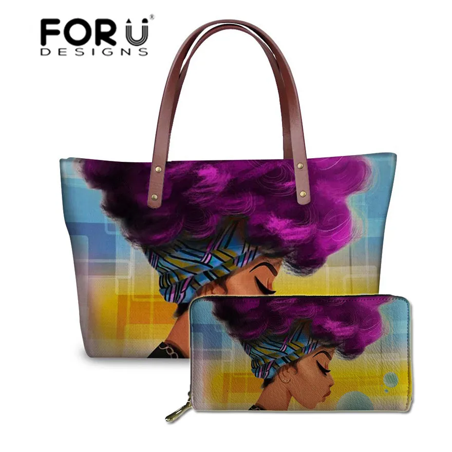FORUDESIGNS 2 قطعة/المجموعة النساء حقائب الأسود الفن الأفريقي فتاة الطباعة اليد حقيبة و محافظ السيدات العرقية أعلى-حقائب بيد الإناث بولسا