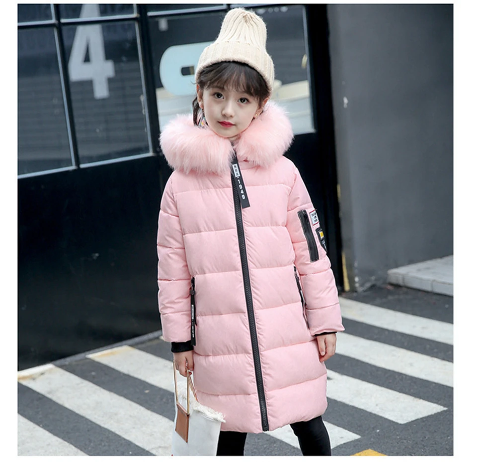 Детская зимняя куртка с капюшоном для девочек, новые модные детские теплые толстые длинные пуховые пальто с меховым воротником и капюшоном подростковая одежда, парка