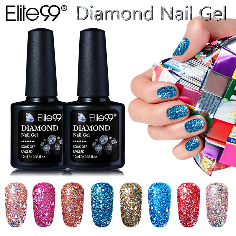 

Elite99 New Arrival 10ml Diamond Glitter UV Gel Nail Soak Off UV LED Sequins Nail Art Gel All 30 Colors For Nails Art Gel Polish