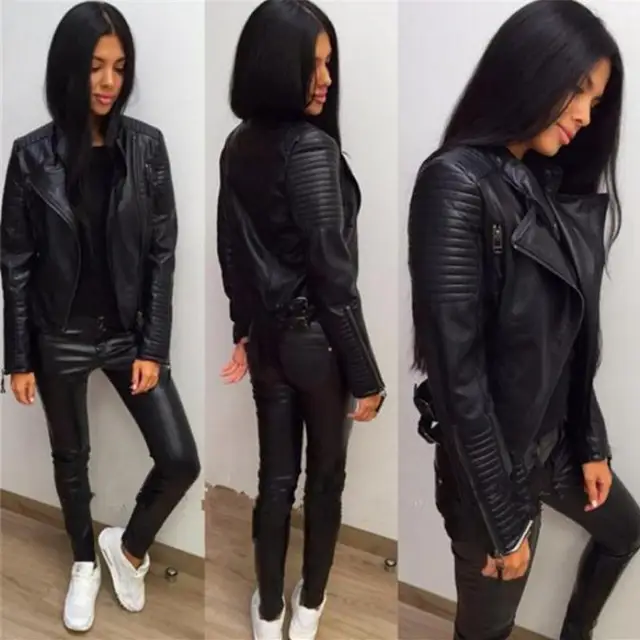 US $27.54 Ladies Leather Jackets 2018 New Black Slim Moto Bikers Jacket Women Long Sleeved Zipper Spring Autu