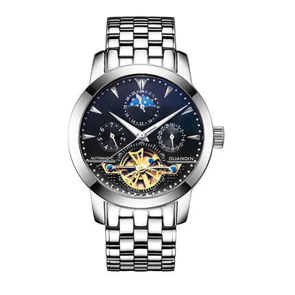 Гарантия 12 месяцев турбийон часы Роскошные Мужские механические часы бренд GUANQIN сапфир Водонепроницаемые 100 м модные мужские часы - Цвет: Black steel