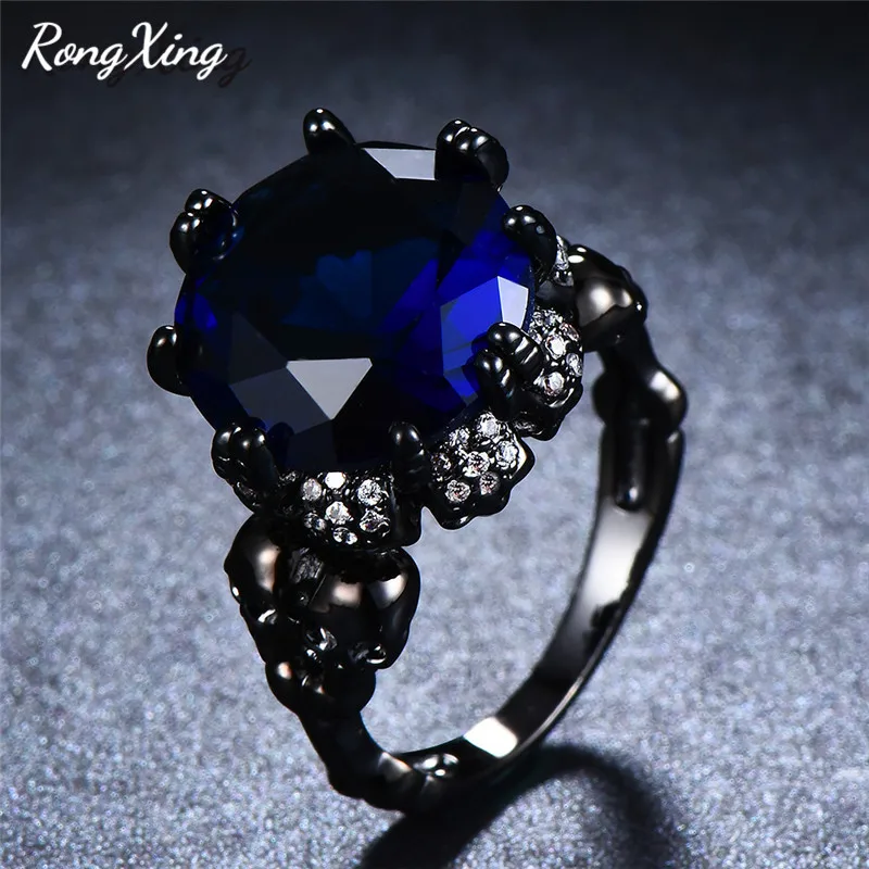 RongXing Стильное кольцо с большим камнем черепом черным и золотым покрытием круглым