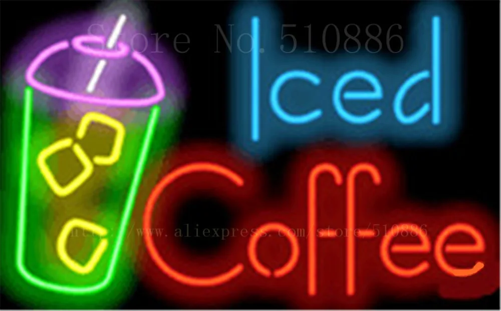 

Iced Coffee NEON SIGN Real GLASS Tube Beer PUB Restaurant Signboard display Decorate Shop food dinner Light Signs 17*14"