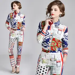 Модный весенне-летний дизайнерский комплект, костюм для женщин, высокое качество, с длинным рукавом, с принтом, Элегантная блузка + штаны