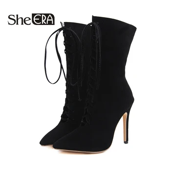 

Lace-up Cross-tied Women Boots Sexy Warm Winter Short Plush Mid Calf Boots Women High Heels Pointed Toe Fashion Motorcycle Boots