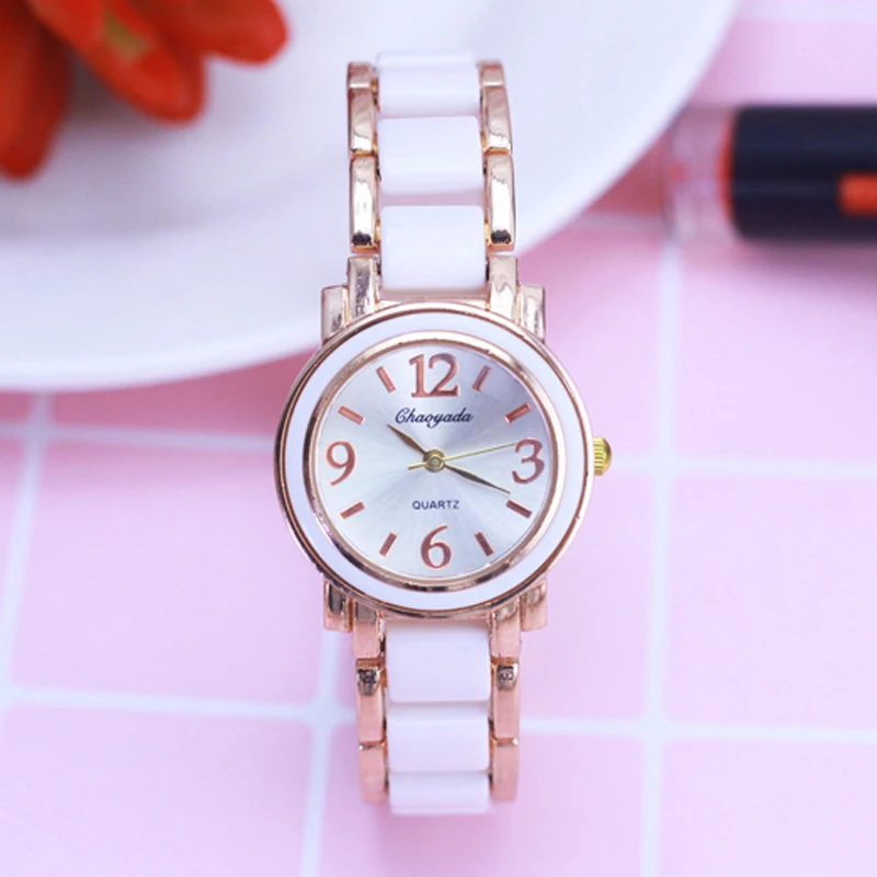 

CHAOYADA Women Watches Fashion Casual White Imitation Ceramics Watchband Hot Selling Rose Gold Round Dial Ladies Watch