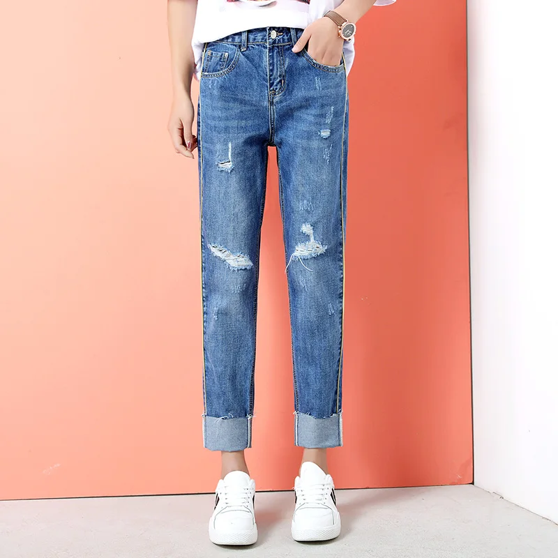 CTRLCITY Новые Джинсы бойфренда рваные женские джинсовые брюки винтажные прямые джинсы для девочек с высокой талией повседневные брюки - Цвет: Blue with hole
