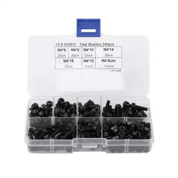 

240Pcs/set M4 Hex Socket Cap Head Screws and Nuts Assrotment Set Carbon Steel 6/8/10/12/14/16mm Screw and Nuts Fastener Hardware