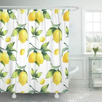 

Waterproof Shower Curtains Colorful Watercolor Lemon Pattern on White Green Fruit Tree Citrus Botanical Juice Extra Long