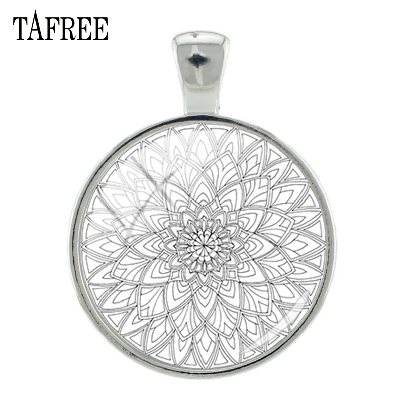 

TAFREE Simple White Mandala Pattern Pendants Indian Style Glass Cabochon Dome Charms Silver Rhoduim Plated CT332