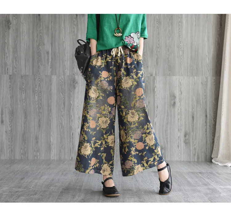 Женские джинсы с цветочным принтом в стиле ретро, весна, свободные повседневные штаны с эластичной резинкой на талии, Женские винтажные джинсовые штаны длиной до щиколотки