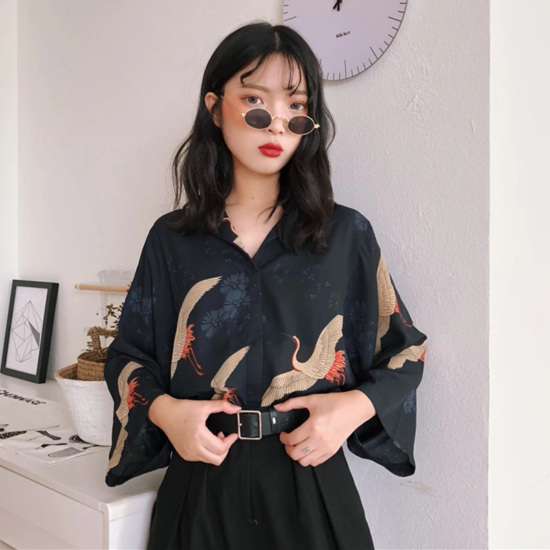 Women's Shirts Lady Kawaii Ulzzang Ins Chic Retro Loose Slim V-neck Crane Print Shirt Girl Punk Harajuku Tunic For Women Casual