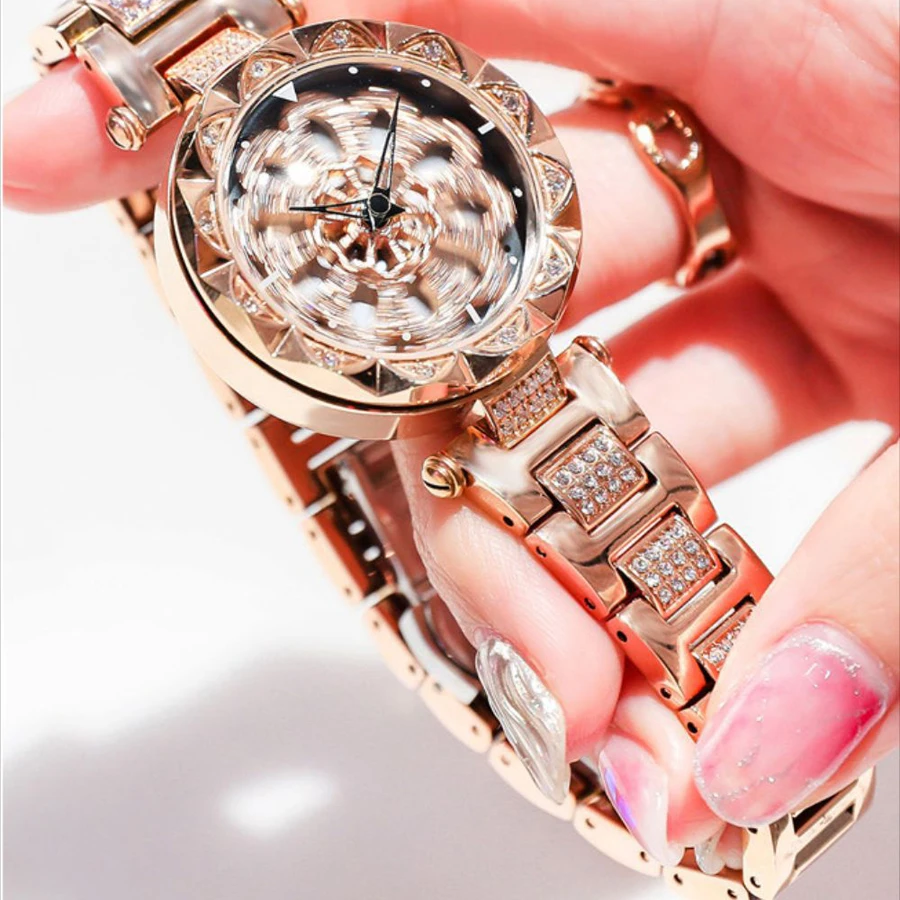 Женские кварцевые часы Chronos с цветком и стразами из стали розового золота