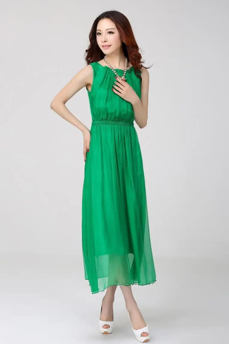 Женское летнее платье размера плюс с О-образным вырезом без рукавов из 97% шелка, женское однотонное шелковое платье, шелковое платье, женское платье длиной до щиколотки со складками - Цвет: green