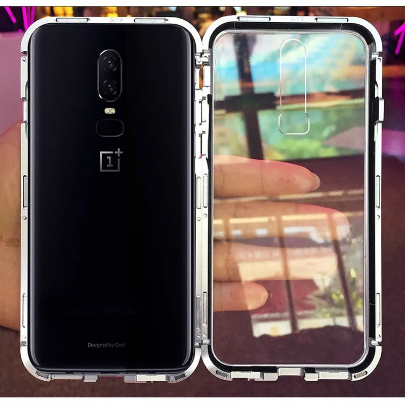 Magnetic Adsorption Metal Case For OnePlus 6 9H Tempered