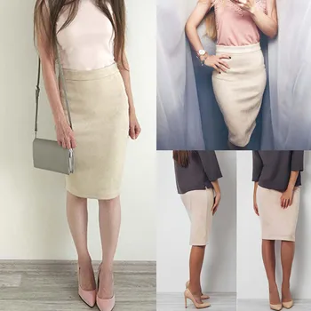 

KLV 2019 TOP Women Fashion Solid Slim High Waist Pencil Zippers Knee-Length Skirt 12.25