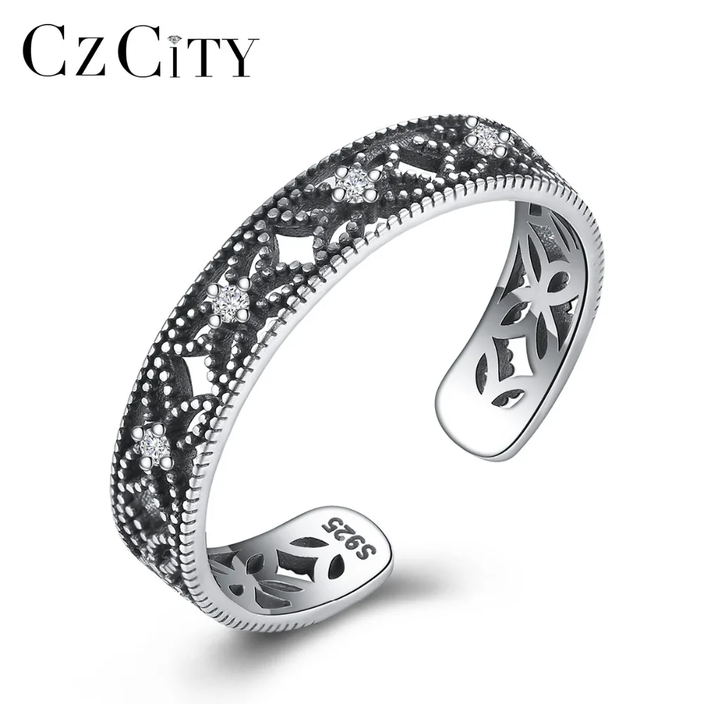 CZCITY 100% стерлингового серебра 925 Открытые Кольца для женщин полые Цветочный