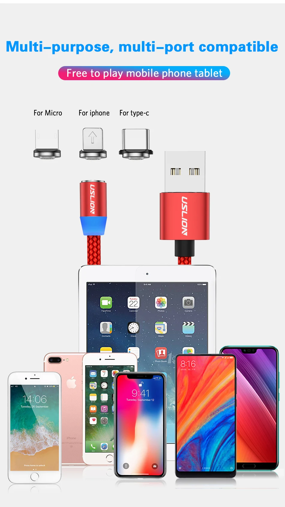 USLION 2M 3A Магнитный кабель Micro usb type C Быстрая зарядка для iPhone X XR XS 8 7 samsung S10 Xiaomi Магнитный кабель для зарядки телефона