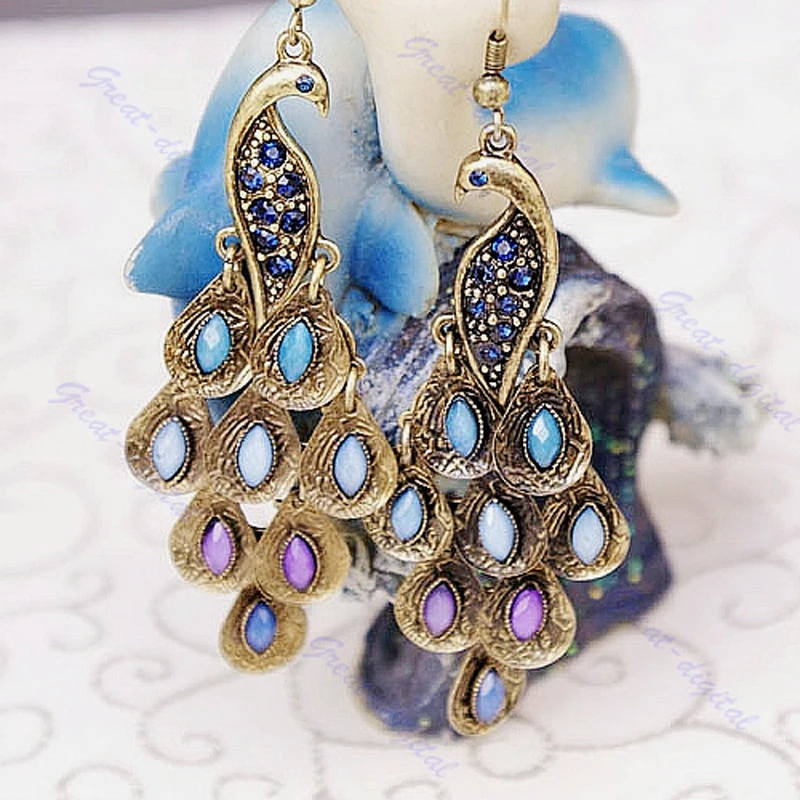 

Women Bohemia Boho Style Lady Long Pendant Vintage Retro Blue Peacock brinco Earrings -W128