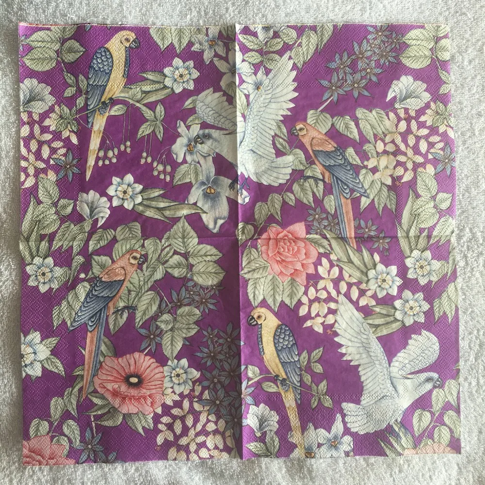 

Vintage Napkin paper tissue purple pattern red flower bird parrot handkerchief decoupage wedding christmas birthday party decor