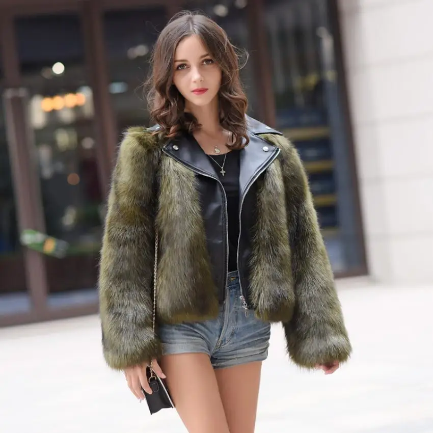 green Новые Casacas Para Mujer женские зимние осенние короткие пальто из искусственного меха кожаные Лоскутные женские Теплый искуственный мех одежда топы K1162 - Цвет: green