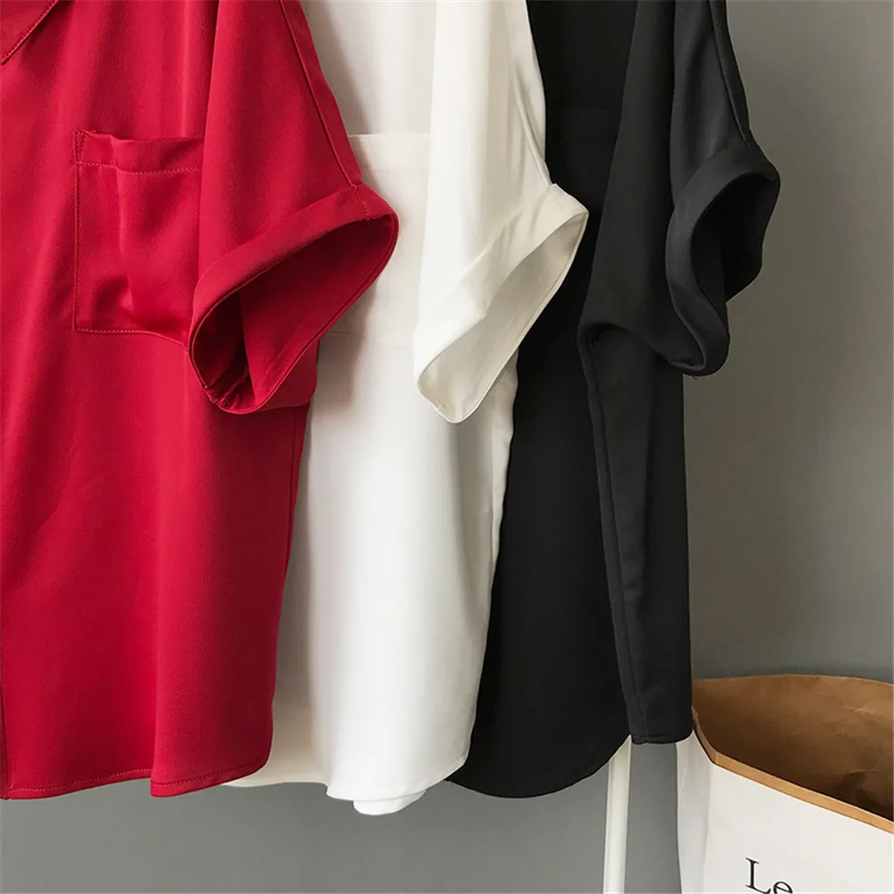 High quality Red Chiffon Wide neck Loose Shirt Office Top 2018 Working Women Blouse Shirt Half Loose Sleeve Summer Elegant top (25)