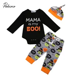 Хэллоуин комплекты детской одежды для новорожденных для маленьких мальчиков и девочек осень комбинезон с надписью + тыква брюки с принтом +