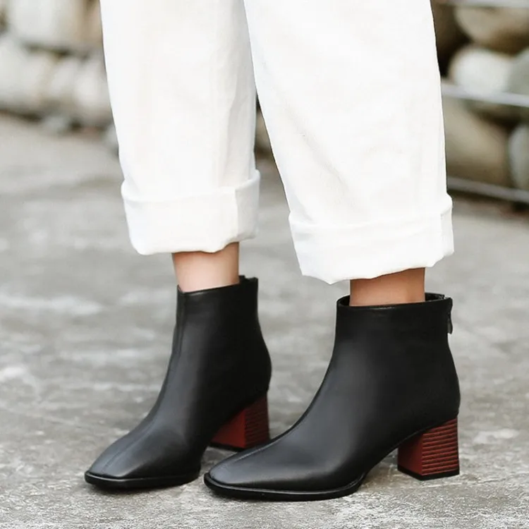 

Big Size 9 10 11 12 Square-headed solid-color zipper boots with thick heels