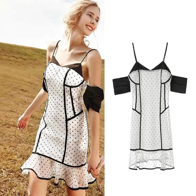 

New ancient ways is black and white diamond wave point fishtail with shoulder straps G0545 show thin waist dress