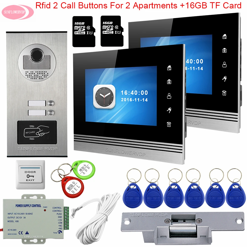 Video Intercom 2 Apartments Access Control With Recording +16GB TF Card Home System Electric Strike Lock | Безопасность и защита