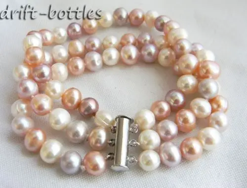 

3Strands 8'' 9mm White Lavender Pink Round Freshwater Pearl Bracelet
