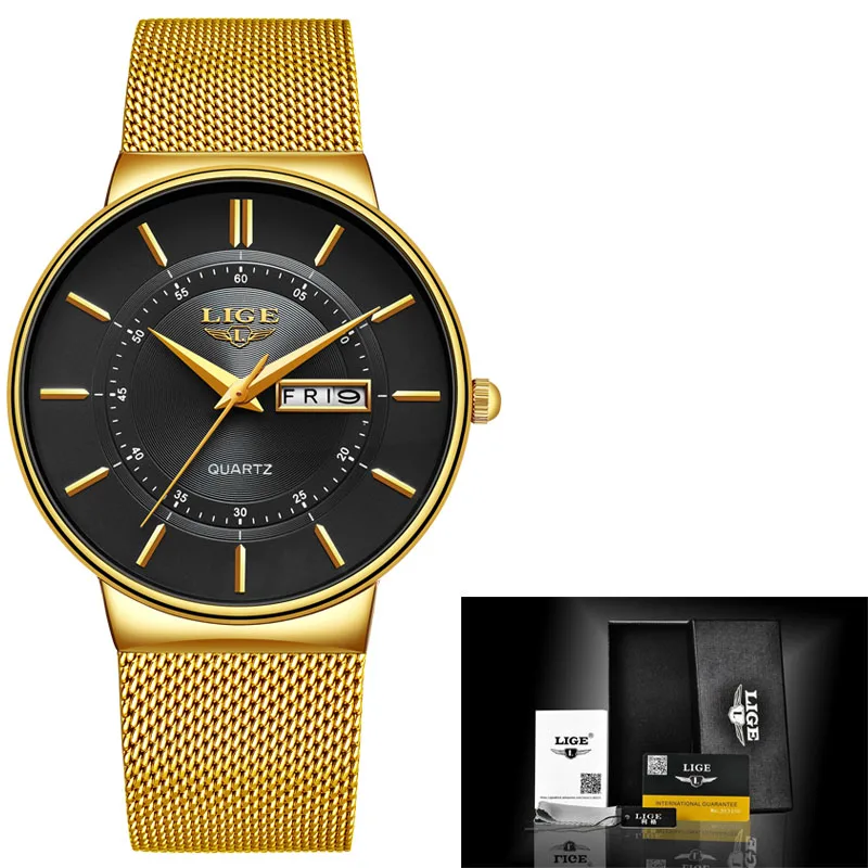 Relogio Masculino LIGE, модные мужские часы, Лидирующий бренд, роскошный подарок, кварцевые часы для мужчин, повседневные, тонкие, сетчатые, стальные, водонепроницаемые, спортивные часы - Цвет: All gold