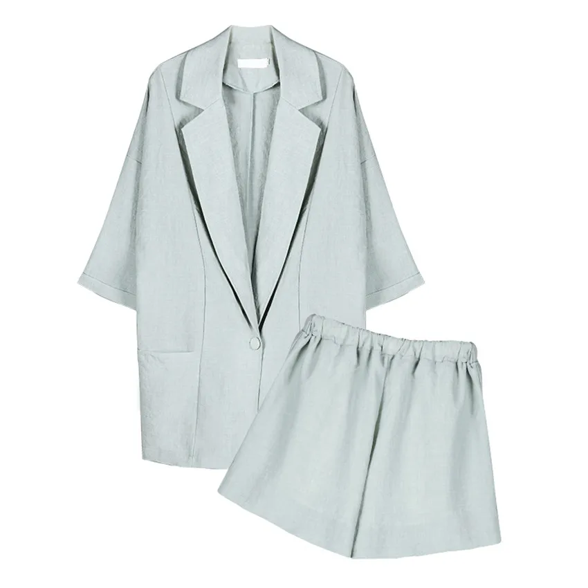 

New Summer Two Piece Big Size Women Linen Blazer + Shorts Formal Suits Loose Lady Midi Long Blazers Thin Sun Protection Coat 385