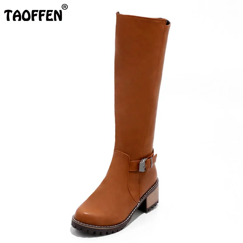 

TAOFFEN Size 34-43 Women Knee Boots Zipper Metal Buckle High Heel Boots Knight Boots Warm Shoes Thick Heel Botas Women Footwears