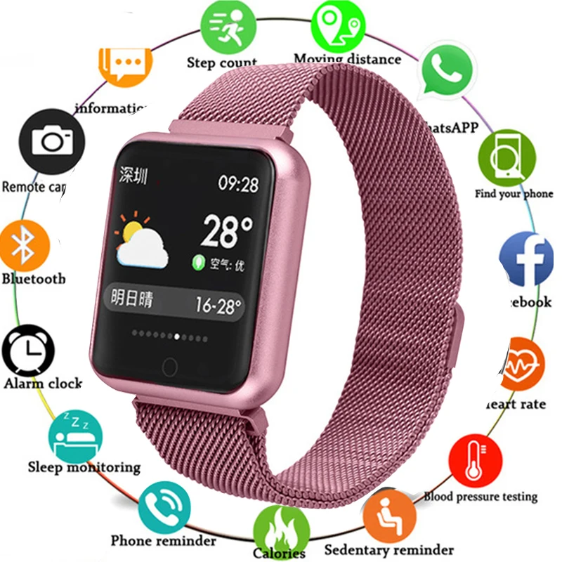 

2019 P68 Smart Watch Men Women IP68 Blood Pressure Oxygen Heart Rate Monitor Watch Steps Calories Mileage Tracker Smartwatch