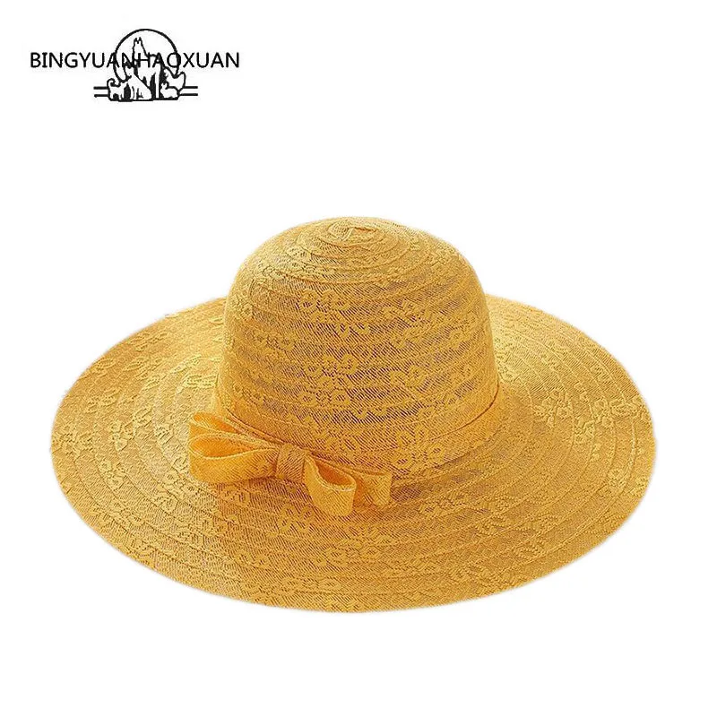 

BING YUAN HAO XUAN 2019 Foldable Sunscreen Sun Hat Ladies Fashion Design Bow Summer Hats For Women Beach Cap