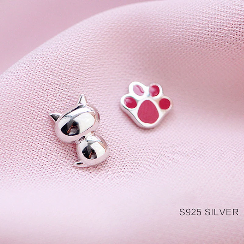 

925 Sterling Silver Cute Cat Footprint Asymmetrical Stud Earrings For Women Simple Hypoallergenic Sterling-silver-jewelry Gift