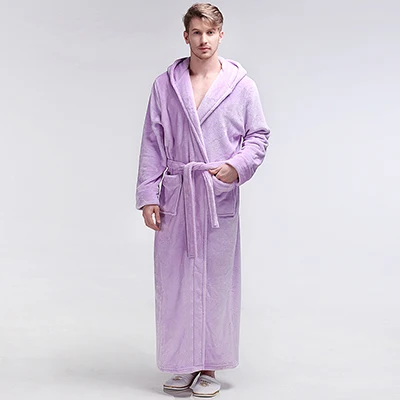 Для влюбленных размера плюс, удлиненный фланелевый теплый Халат с капюшоном для мужчин и женщин, утолщенное зимнее кимоно, банный халат, мужской халат, халаты - Цвет: Lilac men