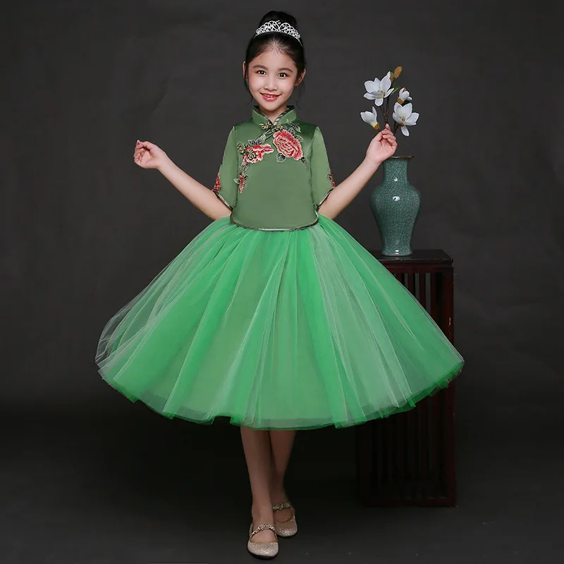 Зеленый Cheongsam детское платье принцессы Весна Дети Qipao цветок для девочек Традиционная китайская свадьба год одежда